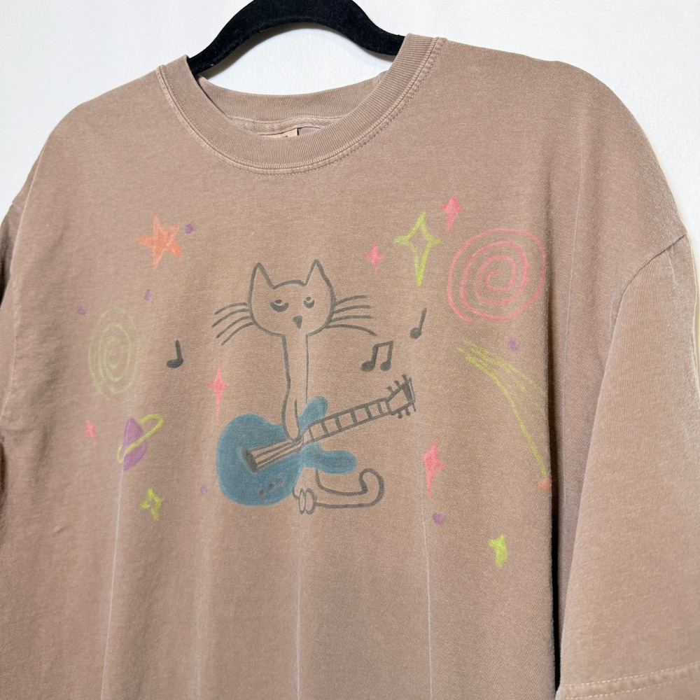 Comfort Colors Cat Playing Guitar Graphic T-Shirt Brown XL Heavyweight Cotton